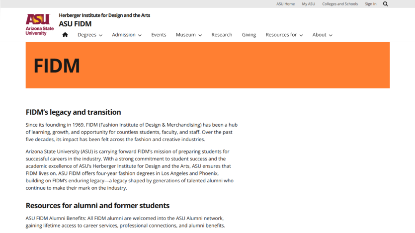 ASU FIDM page with navigation menu and information about FIDM's legacy and resources for alumni