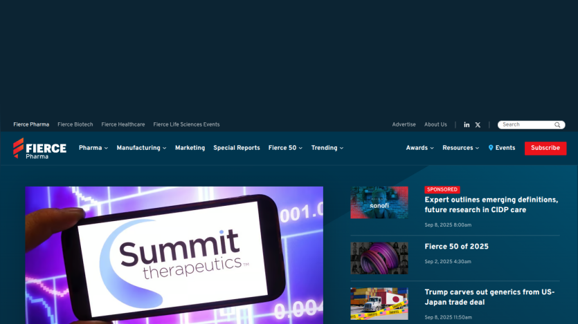 Fierce Pharma homepage featuring Summit Therapeutics and recent articles.
