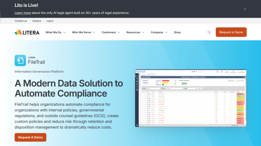 Litera FileTrail information governance platform offers a modern data solution to automate compliance with policies and regulations, with a demo request button.