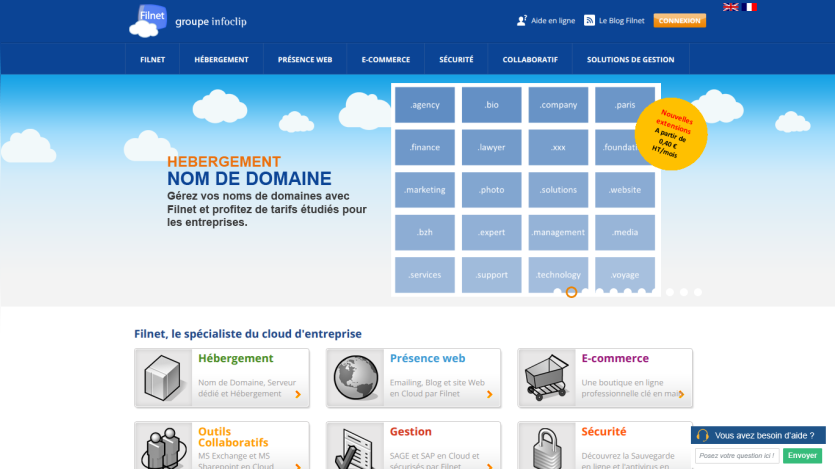 Filnet homepage offering domain name management and cloud business services with navigation for hosting, web presence, e-commerce, security, collaboration, and management solutions.