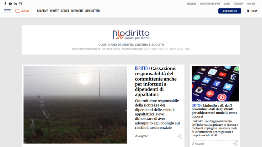 Italian legal news site Flodiritto with articles on contractor liability and LinkedIn AI data use