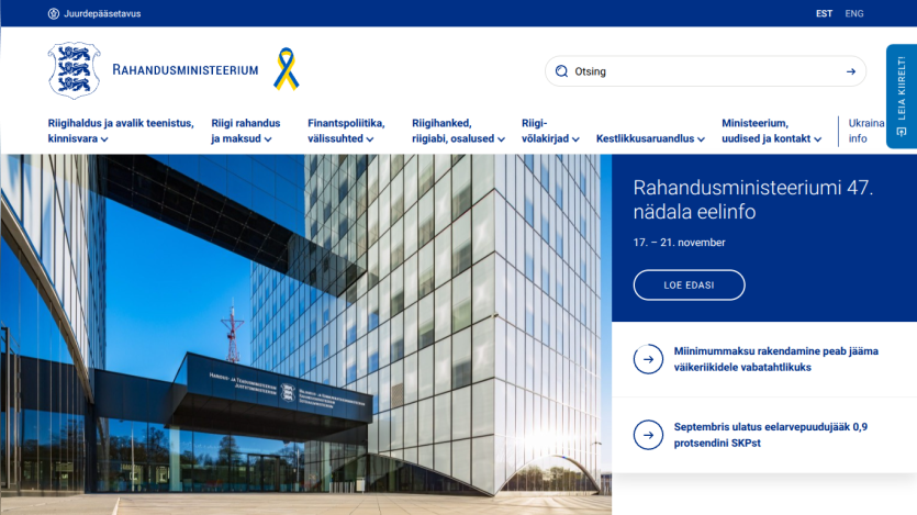 Estonian Ministry of Finance website with navigation menu, hero image of government building, and weekly info for November 17-21