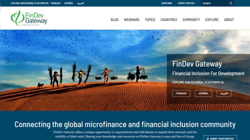 FinDev Gateway homepage connecting global microfinance and financial inclusion community with regional platforms in French, Spanish, and Arabic