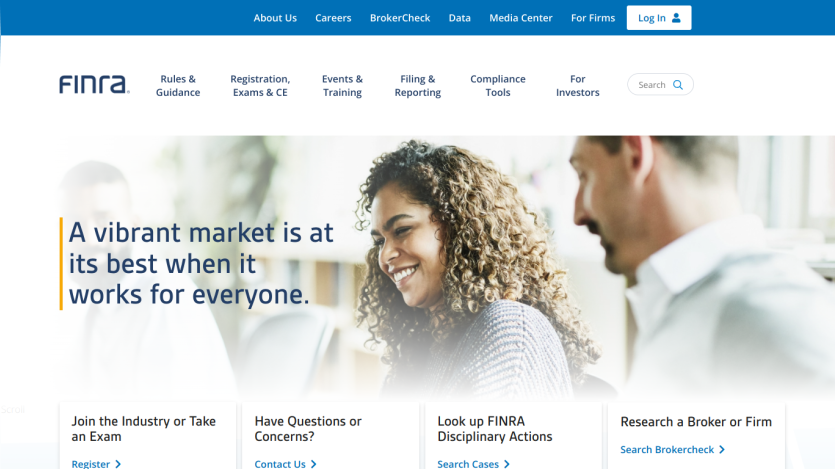 FINRA homepage featuring a vibrant market message and navigation options.