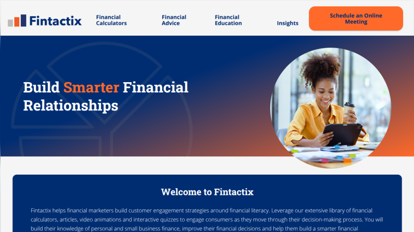Fintactix homepage with navigation, headline 'Build Smarter Financial Relationships', and image of woman using tablet