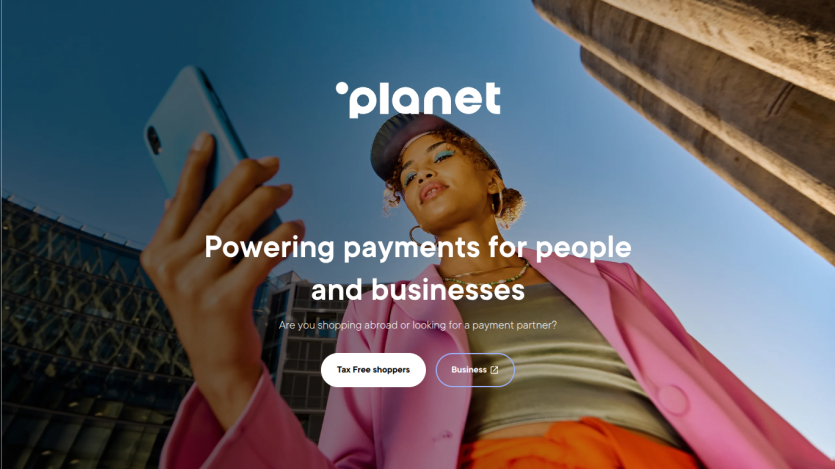 Planet homepage hero with tagline 'Powering payments for people and businesses' and a call to action button