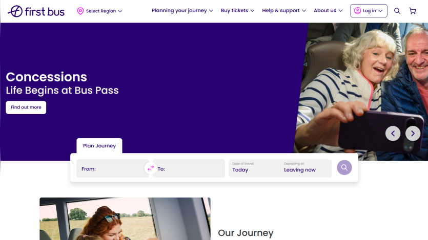 First Bus website showcasing concessions for bus passes with a call-to-action button.