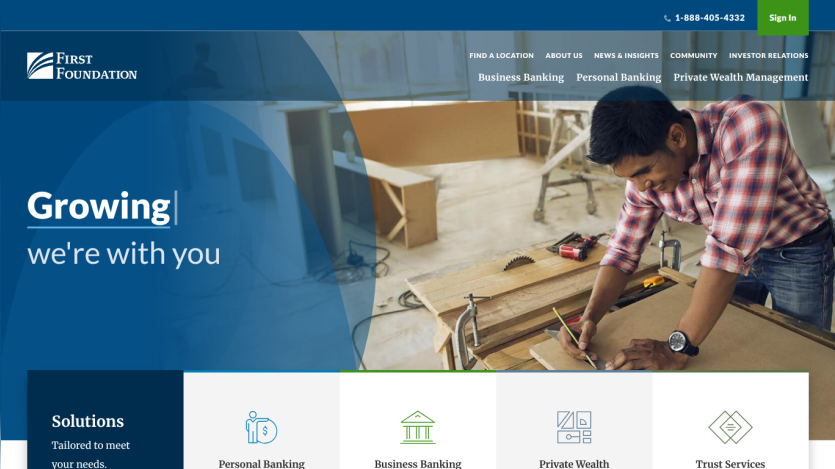 First Foundation banking homepage with navigation and a man working on wood in the hero section