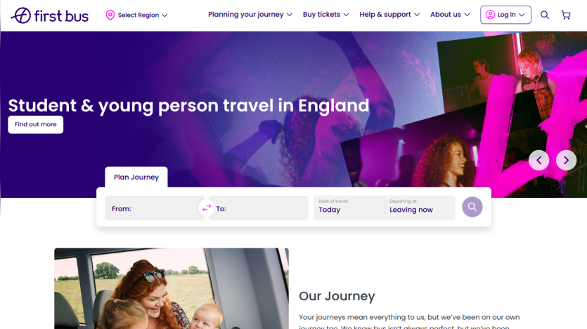 First Bus website homepage with student travel promotion and journey planner form
