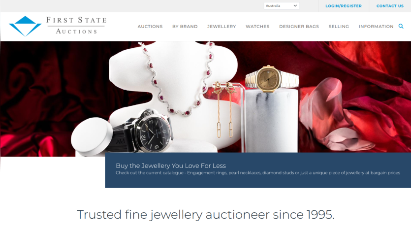 First State Auctions homepage featuring luxury jewelry on red fabric and tagline about trusted fine jewellery auctions since 1995