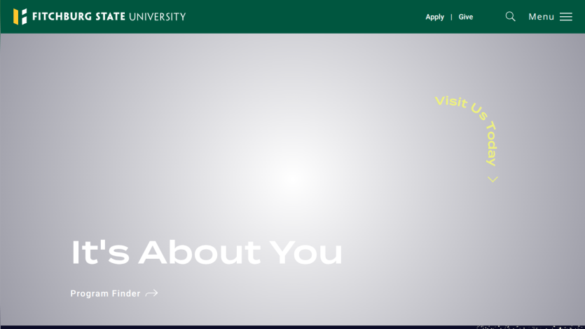 Fitchburg State University homepage with slogan 'It's About You' and navigation menu