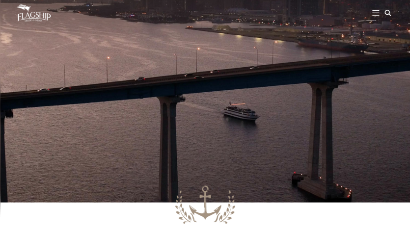 Flagship Cruises & Events website showing a bridge over water with a cruise ship passing underneath at dusk
