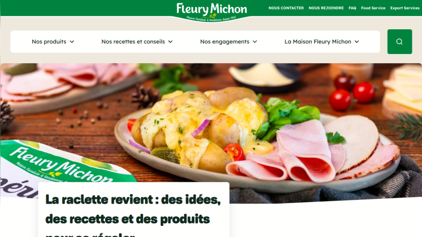 Fleury Michon website with navigation menu and hero section featuring raclette dish ideas, recipes, and products