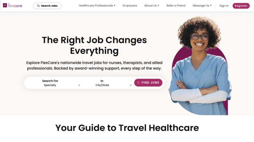 FlexCare homepage with job search for healthcare professionals and a smiling nurse in scrubs