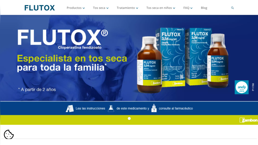 FLUTOX cough medicine for dry coughs for the whole family, with product images and navigation menu