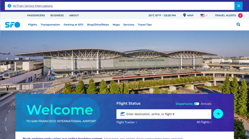 Welcome message and flight status search for San Francisco International Airport.