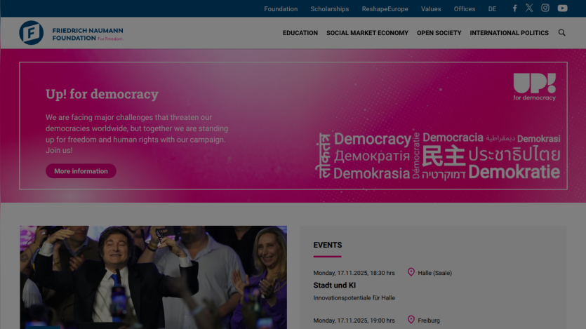 Friedrich Naumann Foundation homepage promoting democracy campaign with event listings and navigation menu