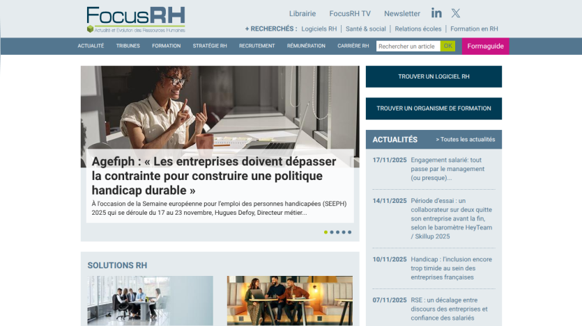 FocusRH homepage with news on sustainable disability policies and HR solutions, plus recent articles and search options
