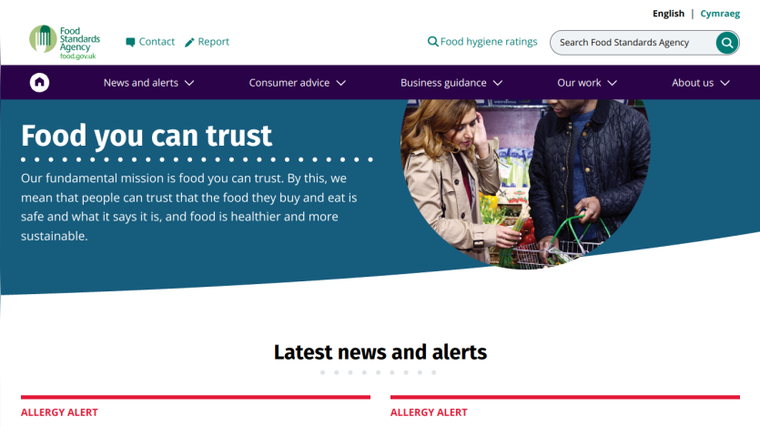 Homepage of the Food Standards Agency emphasizing trust in food safety.
