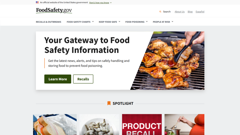 Homepage of FoodSafety.gov featuring food safety information and links.