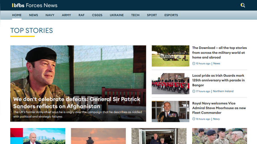 Homepage of Forces News featuring top stories and a prominent article on Afghanistan.
