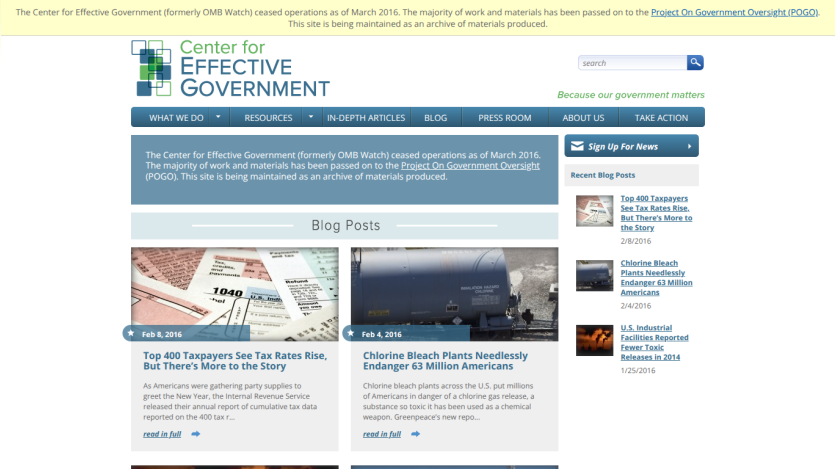 Center for Effective Government archive site with navigation, news sign-up, and recent blog posts on tax rates and environmental issues