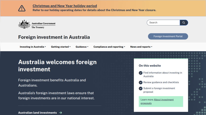 Australian Government Treasury page on foreign investment in Australia with guidance and portal links.