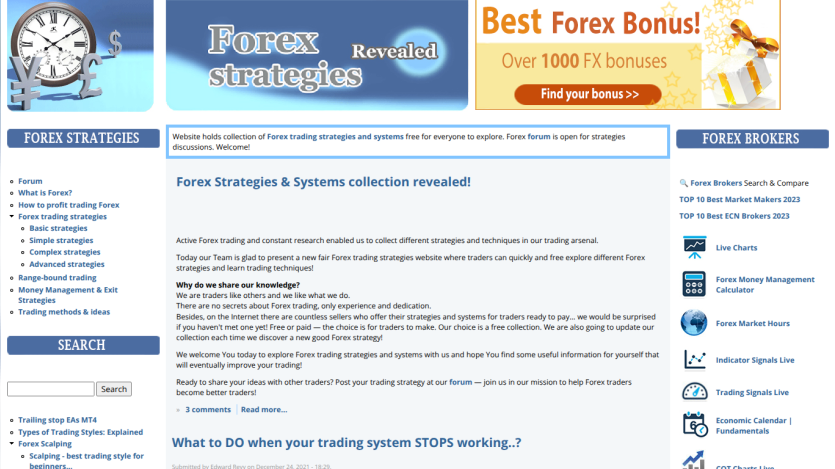 Forex strategies website with navigation menus, a forum link, and detailed introduction to trading strategies and systems.