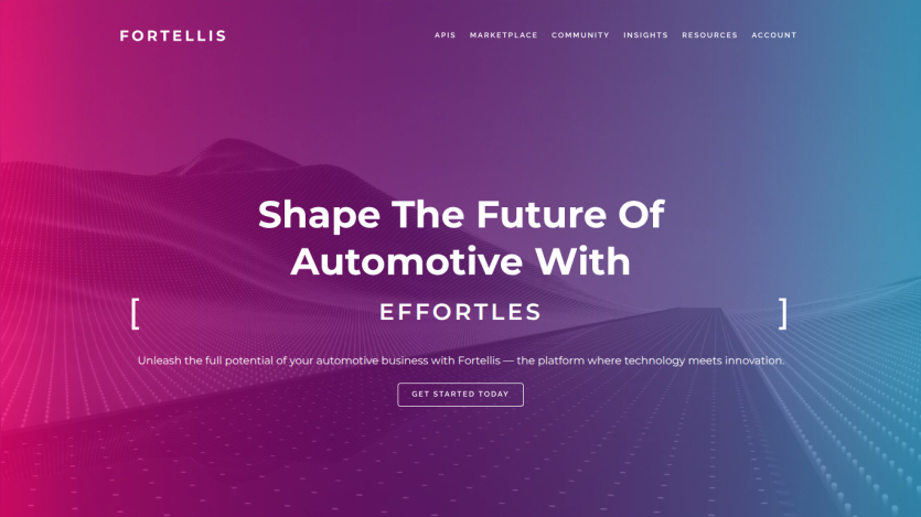 Fortellis automotive platform homepage with headline 'Shape The Future Of Automotive With Effortless Op' and a call to action button