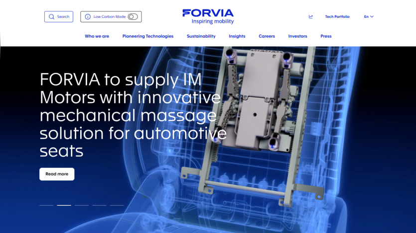 FORVIA homepage showing innovative mechanical massage solution for automotive seats with navigation menu and call to action