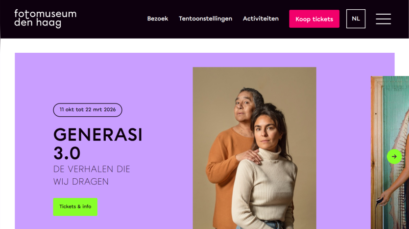 Fotomuseum Den Haag website promoting Generasi 3.0 exhibition from Oct 11 to Mar 22, 2026 with ticket info button