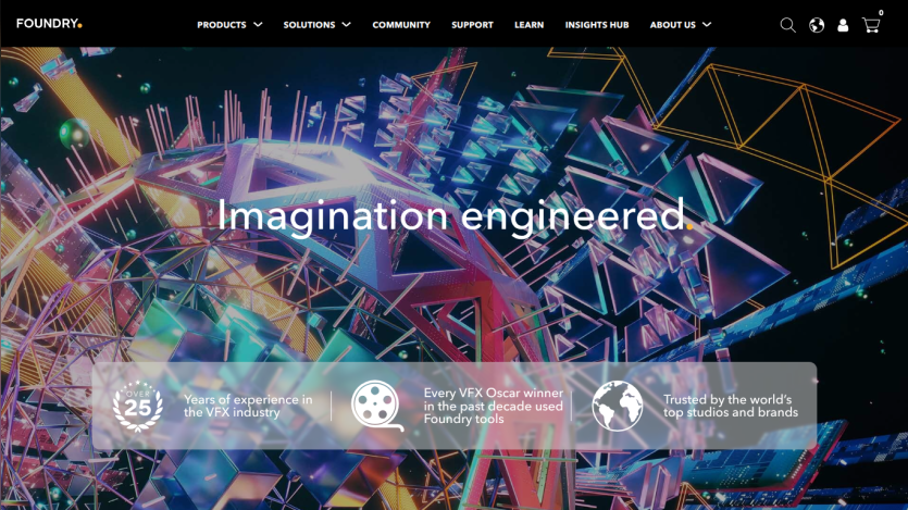 Homepage featuring the text 'Imagination engineered' with a colorful geometric background.