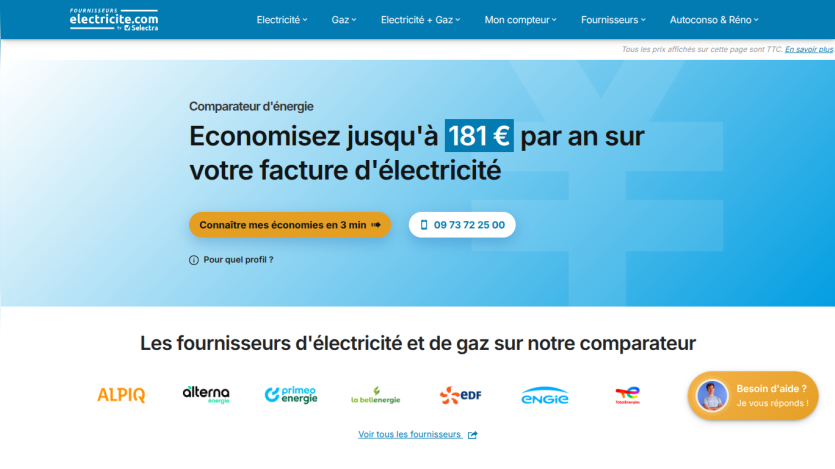 Electricity bill savings offer with a call-to-action button and list of electricity and gas providers on comparison site