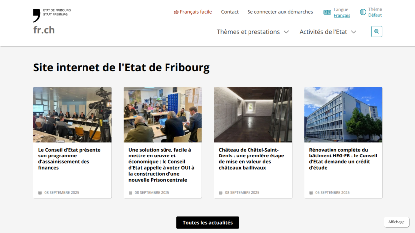 Homepage of the State of Fribourg featuring news articles and images.