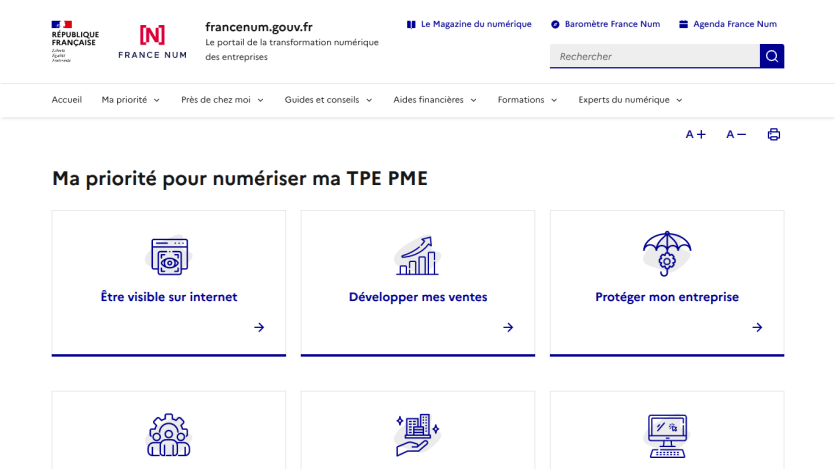 France Num portal homepage offering digital transformation priorities for small businesses with options to be visible online, develop sales, and protect business