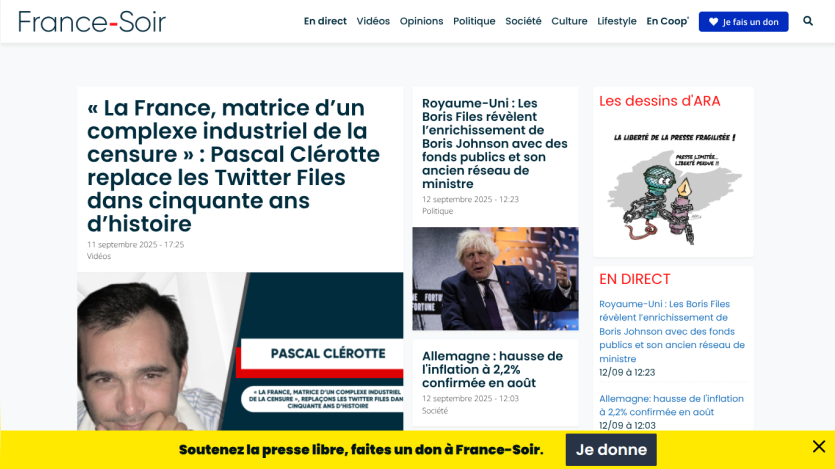 France-Soir homepage featuring an article on censorship and a prominent image of Pascal Cibert.