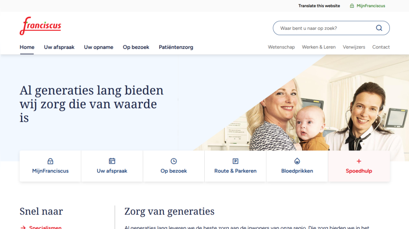Franciscus healthcare website with navigation menu, search bar, and hero section stating long-standing valuable care with image of mother, baby, and doctor