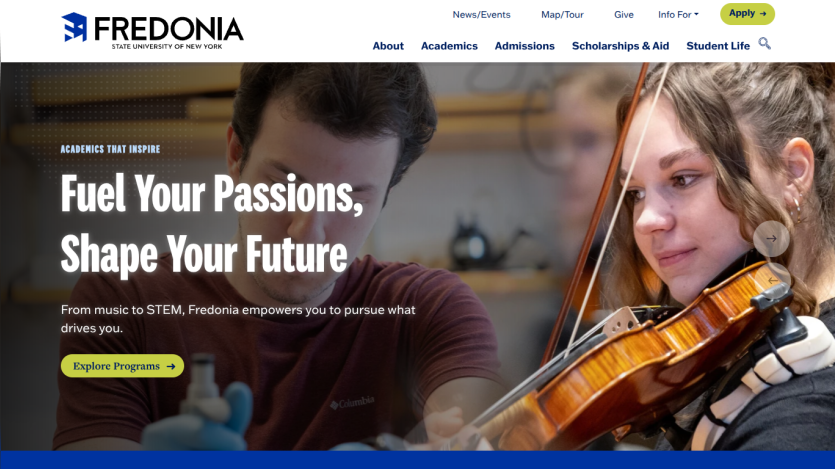 Homepage of Fredonia featuring a student playing violin with a call to action to explore programs.