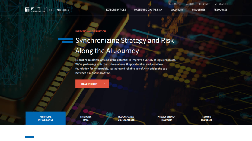 FTI Consulting Technology page highlighting AI strategy and risk with navigation and insight button