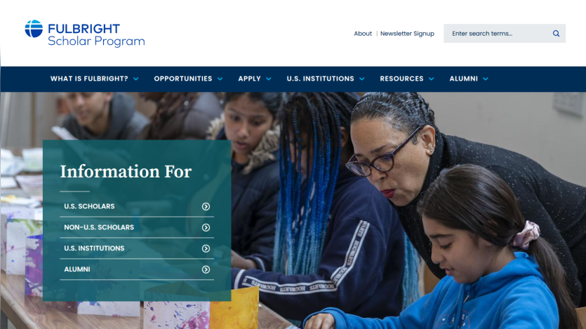Fulbright Scholar Program homepage with navigation and information links for U.S. scholars, non-U.S. scholars, institutions, and alumni