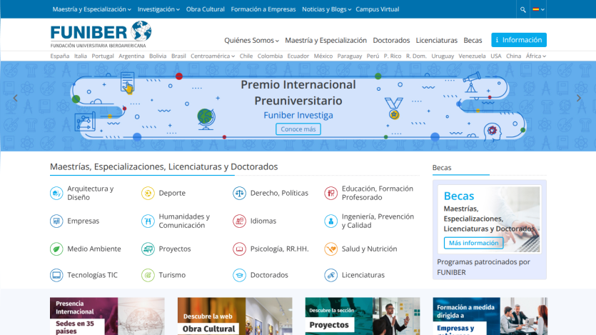 Funiber homepage showing international preuniversity award banner and categories for masters, specializations, and scholarships