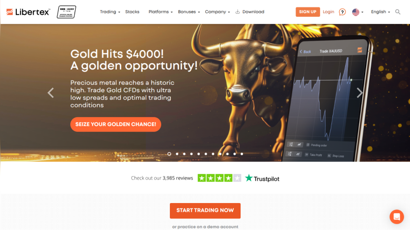 Trading platform homepage highlighting gold price milestone and trading opportunity with call to action