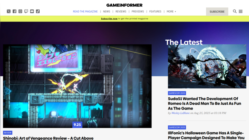 Game Informer homepage featuring a game review and latest news articles.