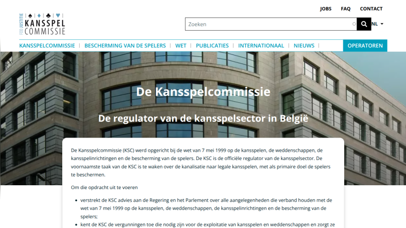 Homepage of Kansspelcommissie, regulator of Belgium's gambling sector, with navigation and introductory text
