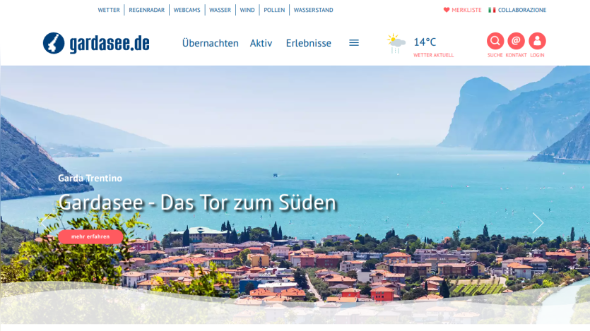 Tourism website for Gardasee with navigation, weather info, and scenic lake view hero section