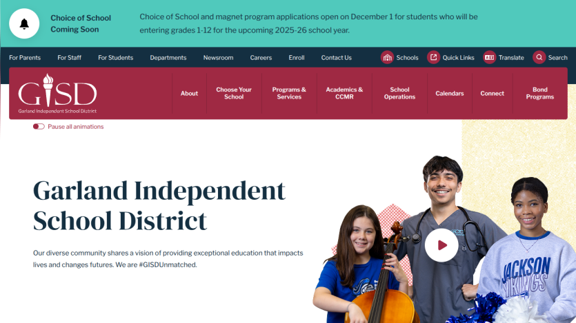Garland Independent School District homepage with announcement banner, navigation menu, and hero section featuring diverse students and district vision statement