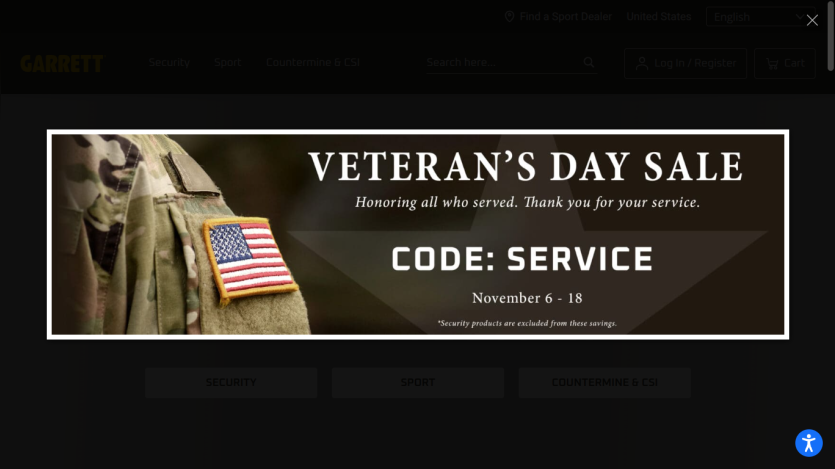 Veteran's Day Sale banner with discount code SERVICE, honoring all who served, valid November 6-18