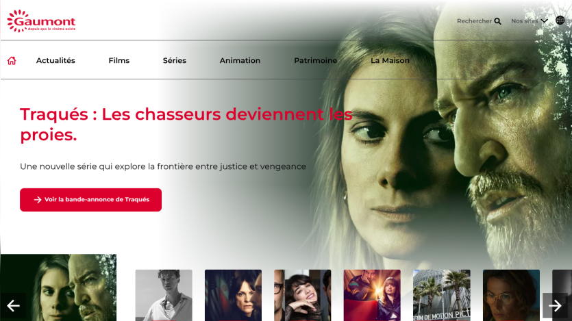 Homepage featuring the series Traqués with tagline about hunters becoming prey and a button to watch the trailer