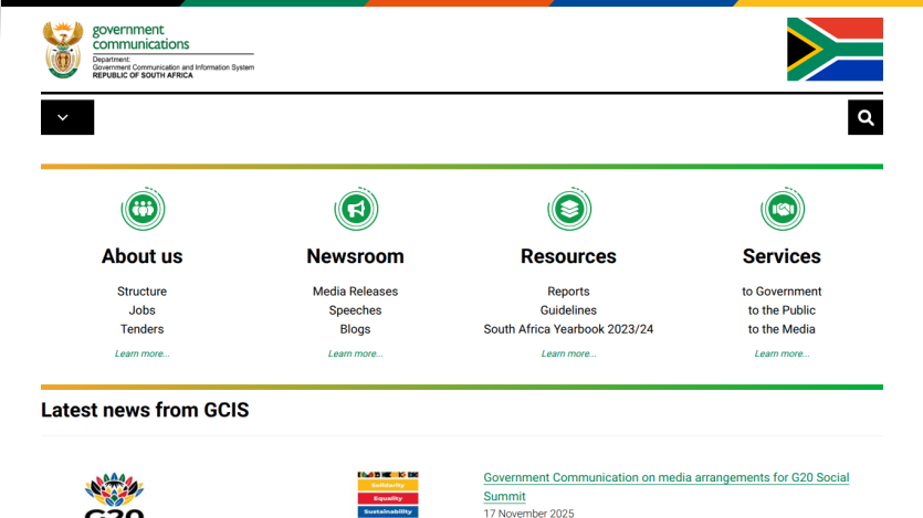 South African Government Communication site with navigation links About us, Newsroom, Resources, Services, and latest news headlines