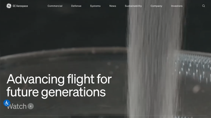 Homepage featuring the tagline 'Advancing flight for future generations' and a watch button.